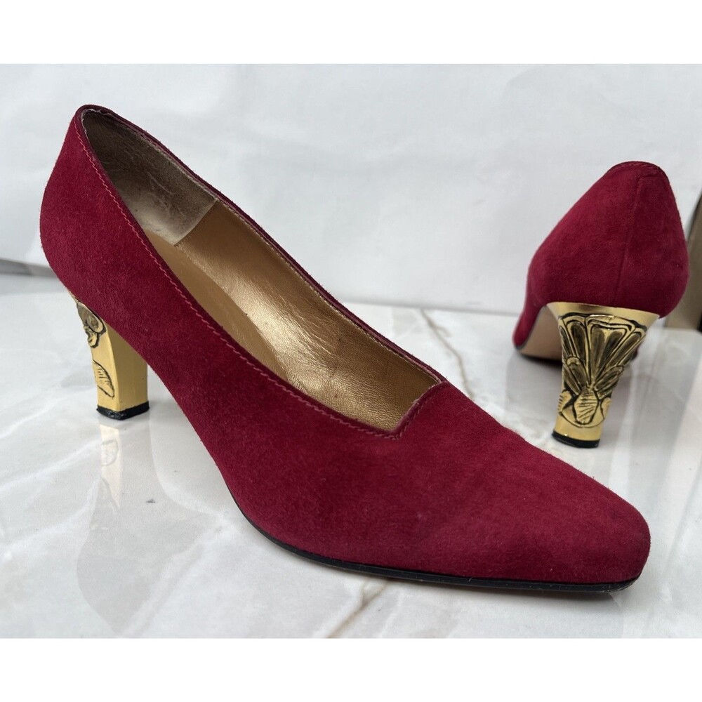 Vtg Bally Women Gold Heels Pumps Occasion Shoes Red Suede Leather Italy Sz 8.5 M